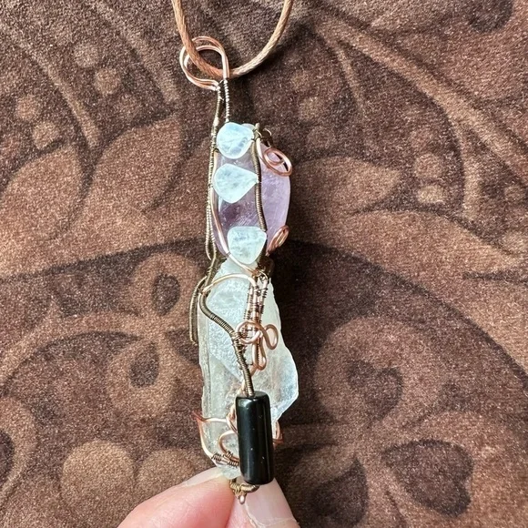 Handmade copper wire wrap pendant necklace gemstone quartz moonstone onyx - Picture 7 of 10